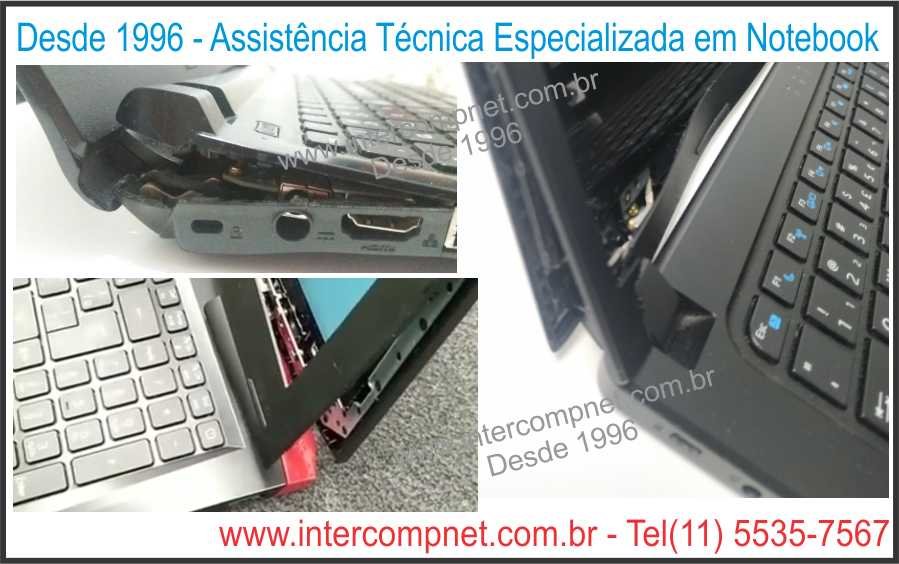 A dobradiça quebrou, a carcaça está abrindo, a tampa esta trincada, não está abrindo a tampa da tela, está estralando quando abre, está fazendo barulho quando abre?